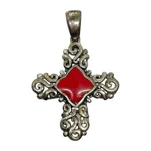 1990s Vintage Sterling Silver .925 & Red Enameled Open Scroll Cross Pendant